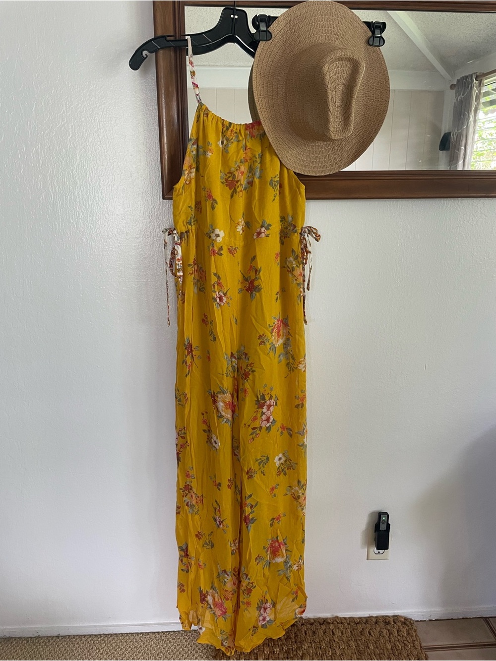 Free People Mustard Yellow Floral Wide-Leg Jumpsuit